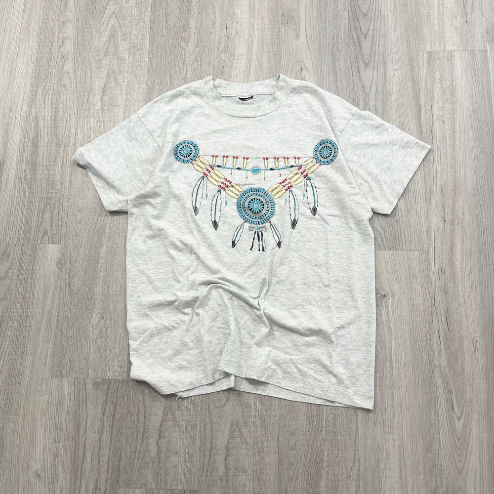 VINTAGE 90s Native American Tribal Art Shirt Size Large L Gray Single Stitch